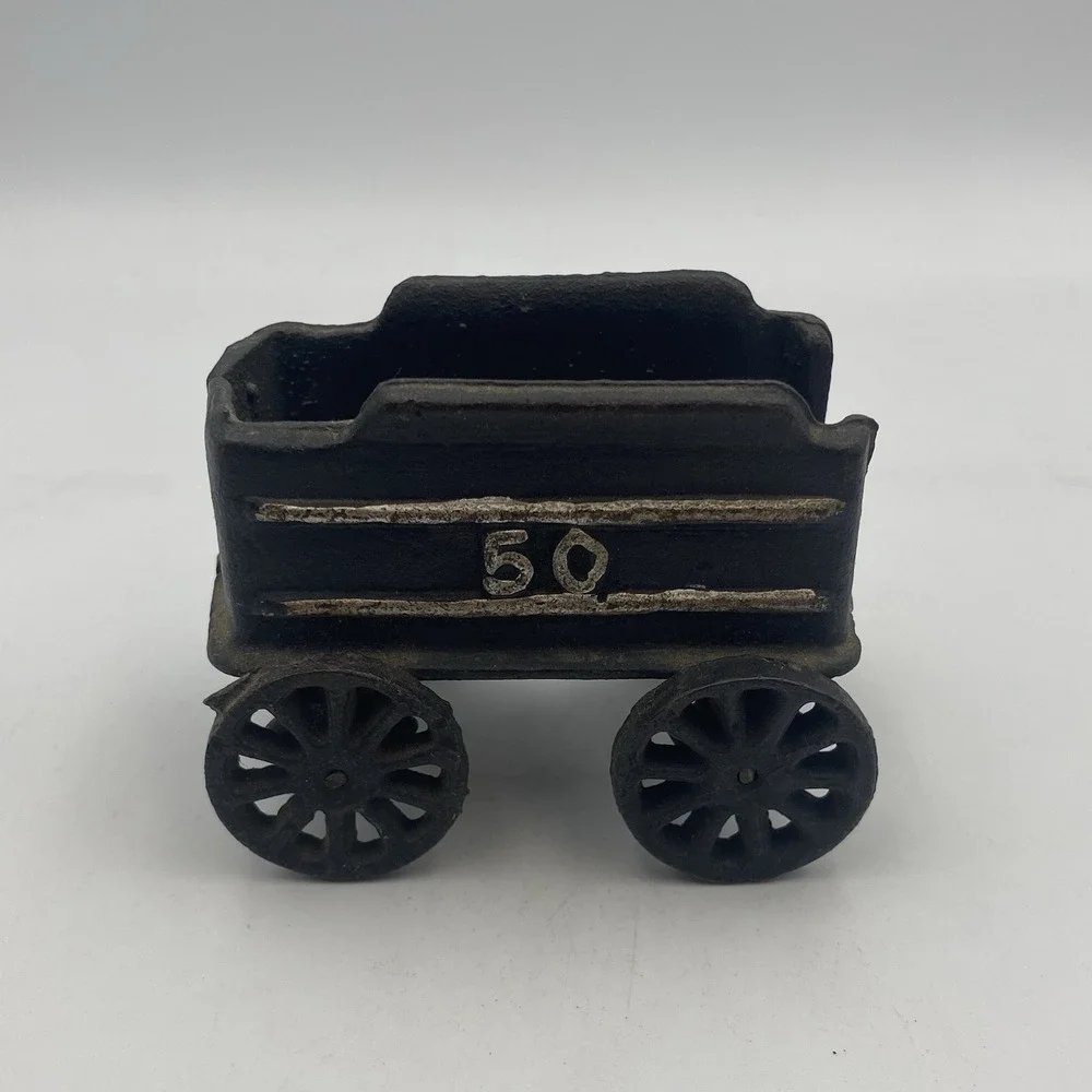 Vintage Cast Iron Train Coal‎ Car #50 Black With Gold Paint Good Condition